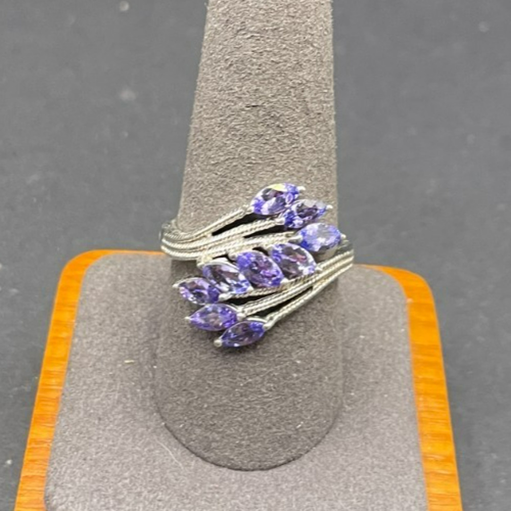 925 Sterling Silver Tanzanite Cluster Bypass Ring Marquise Cut Size 10